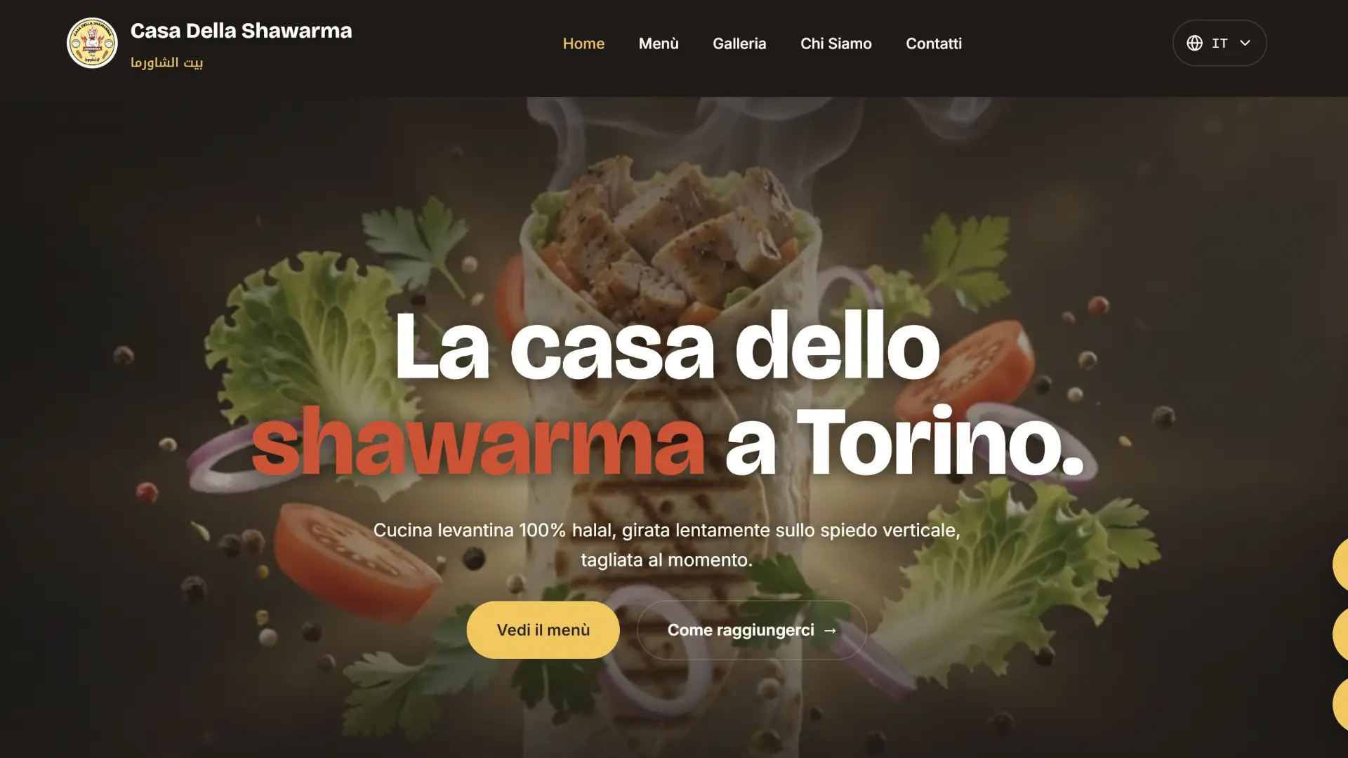 Casa Della Shawarma website hero showing a freshly cut shawarma wrap